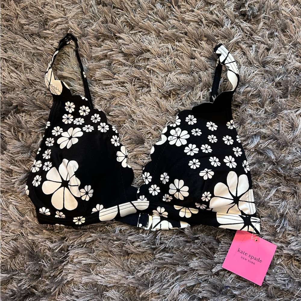 Kate Spade Black and White Floral Bikini Top M NWT